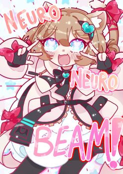 :d absurdres animal_ear_fluff animal_ears belt black_belt black_bow black_bowtie black_gloves black_pantyhose blue_eyes blush bow bowtie brown_hair buckle cat_ears cat_girl cat_tail contrapposto cowboy_shot double_bun double_v dress dress_bow fang fingerless_gloves gin_gin_gitsune gloves gradient_eyes hair_bun hair_ornament heart heart_hair_ornament heart_in_eye highres hunched_over layered_dress long_sleeves m@gical_cure!_love_shot!_(vocaloid) multicolored_eyes neuro-sama off-shoulder_dress off_shoulder open_mouth pantyhose pocket red_bow skin_fang sleeve_bow smile snap-fit_buckle sparkle star_(symbol) symbol_in_eye tail tail_bow tail_ornament v vedal_ai very_low_bun white_background white_dress zipper_dress