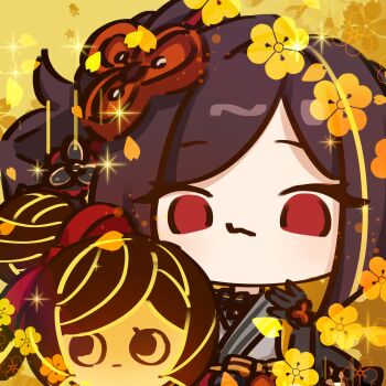 1girl absurdres black_gloves brown_hair chibi chiori_(genshin_impact) genshin_impact gloves grey_kimono hair_ornament highres japanese_clothes kimono long_hair looking_at_viewer multicolored_hair red_eyes short_kimono tamoto_(genshin_impact)