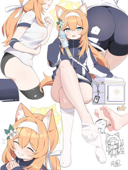 1boy 1girl :d absurdres animal_ear_fluff animal_ears ass black_buruma blue_archive blue_eyes bottle breasts buruma cat_ears cat_girl closed_eyes commentary_request cooler doodle_sensei_(blue_archive) fengqun flower grin gym_uniform hair_flower hair_ornament hairband halo highres jacket long_hair looking_at_viewer mari_(blue_archive) mari_(track)_(blue_archive) multiple_views official_alternate_costume open_mouth orange_hair plastic_bottle pussy_juice sensei_(blue_archive) shorts simple_background smile spoken_sweatdrop sweatdrop tongue tongue_out track_jacket water_bottle white_background white_flower white_hairband yellow_halo