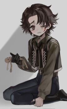 1boy 37mimi_aim belt black_boots black_gloves black_ribbon boots brown_belt brown_eyes brown_hair brown_shirt commentary_request cropped_vest feet_out_of_frame gloves hair_intakes highres holding_figure identity_v looking_at_viewer male_focus matthias_czernin neck_ribbon one_eye_closed puffy_sleeves raised_inner_eyebrows ribbon scar scar_on_face shirt single_glove sitting solo stitched_eye stitched_mouth stitches tareme vest wariza