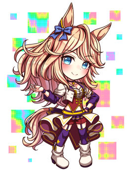 1girl animal_ears blonde_hair blue_bow blue_eyes blush bodice boots bow breasts chibi chibi_only choker cleavage closed_mouth collarbone commentary_request corset cropped_jacket ear_bow full_body garter_straps gold_city_(umamusume) highres horse_ears horse_girl horse_tail jacket large_breasts long_hair long_sleeves looking_at_viewer midriff_peek navel open_clothes overskirt pendant_choker purple_choker purple_garter_straps purple_thighhighs red_corset red_shorts shirt shorts smile solo star_(symbol) starting_future_(umamusume) sugimotty_nova tail thighhighs umamusume white_boots white_jacket white_shirt wristband