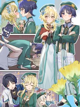 1boy 3girls akademiya_uniform alternate_costume arm_support beret black_bodysuit black_hair black_jacket black_shoes blonde_hair blue_cape blue_feathers blue_flower blue_kimono blue_shoes blue_sky blue_sleeves blush bodysuit book bookshelf boy_on_top bracelet breasts bright_pupils bush cape cheek_bulge chest_jewel clear_sky closed_eyes closed_mouth colored_inner_hair covering_own_mouth cross-shaped_pupils crossed_arms dress drooling eyeliner eyeshadow facing_viewer feather_hair_ornament feathers fingernails flower full-face_blush furisode gem genshin_impact gold gold_choker gold_trim green_eyes green_gemstone green_hat green_jacket green_shirt green_sleeves grey_hair hair_flower hair_intakes hair_ornament half-closed_eyes halo hand_on_own_arm hand_over_own_mouth hands_on_floor hat head_tilt hetero highres holding holding_book jacket japanese_clothes jewelry juban kimono layered_sleeves leaf leaf_hair_ornament library long_skirt long_sleeves looking_at_another looking_at_viewer lumine_(genshin_impact) makeup mechanical_halo medium_breasts mouth_drool multicolored_flower multicolored_hair multiple_girls nahida_(genshin_impact) open_clothes open_jacket open_kimono paimon_(genshin_impact) parted_lips pink_halo purple_eyes purple_hair red_eyeliner red_eyeshadow robe scaramouche_(genshin_impact) school_uniform shirt shoes short_hair short_hair_with_long_locks short_sleeves shoulder_peek side_ponytail sidelocks skirt skirt_hold skirt_tug sky sleeping smile smirk snow20200 split_mouth standing sweatdrop symbol-shaped_pupils tareme tsurime twitter_username undershirt watermark white_dress white_flower white_hair white_kimono white_mouth white_pupils white_robe white_skirt white_sleeves white_trim wispy_bangs yellow_eyes yellow_flower yukadon zzz