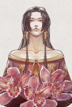 1girl artist_name bare_shoulders black_hair blue_eyes boa_hancock commentary earrings flower highres jewelry long_hair looking_at_viewer manofbeskar one_piece orchid parted_lips sidelocks simple_background snake_earrings solo upper_body