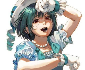 collarbone commentary_request dress emotion_(love_live!) gloves green_dress green_hair hat highres jewelry looking_at_viewer love_live! love_live!_nijigasaki_high_school_idol_club mifune_shioriko necklace open_mouth pearl_necklace red_eyes smile user_gsng5435 white_background white_gloves white_hat
