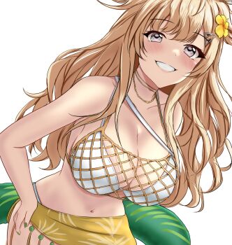 1girl bikini blonde_hair breasts cleavage cowboy_shot flower grey_eyes hair_flower hair_ornament highres kantai_collection large_breasts mesh minneapolis_(kancolle) minneapolis_(swimsuit)_(kancolle) montemasa navel official_alternate_costume sarong simple_background solo swimsuit two_side_up white_background white_bikini yellow_sarong