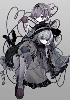 2girls black_bow black_bowtie black_hairband black_hat black_socks blue_shirt bow bowtie eyeball frilled_shirt frilled_shirt_collar frilled_skirt frilled_sleeves frills green_eyes green_hair green_skirt hair_ornament hairband hat hat_bow hat_ribbon heart heart_hair_ornament heart_of_string highres komeiji_koishi komeiji_satori multiple_girls pink_eyes pink_hair pink_skirt pink_slippers puffy_sleeves ribbon ribbon-trimmed_collar ribbon_trim shirt siblings sisters skirt sleeves_past_wrists slippers smile socks third_eye touhou tya_514 white_socks wide_sleeves yellow_bow yellow_ribbon yellow_shirt