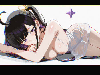 1girl absurdres ahoge areola_slip armpit_crease bare_arms bare_shoulders black_hair breasts chitose_(stella_sora) cleavage covered_erect_nipples danraz0r dress four-pointed_star hair_ornament heart heart_hair_ornament highres long_hair looking_at_viewer lying medium_breasts mole mole_under_eye multicolored_hair on_side one_side_up parted_lips purple_eyes purple_hair see-through_clothes see-through_dress sidelocks simple_background sleeveless sleeveless_dress solo spaghetti_strap stella_sora thighs two-tone_hair very_long_hair white_background white_dress