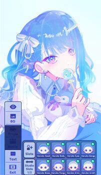 1girl art_program_in_frame bloom_festival_(project_sekai) blue_eyes blue_hair blue_theme candy cushion earrings food gacha_(series) gacha_life gacha_life_(medium) hair_ribbon highres holding holding_candy holding_food holding_lollipop jewelry juliet_sleeves kiritani_haruka lollipop long_sleeves lying multicolored_eyes official_alternate_costume official_alternate_hairstyle on_stomach pink_eyes project_sekai puffy_sleeves ribbon ritoru_demon screencap stuffed_animal stuffed_penguin stuffed_toy two-tone_eyes white_ribbon white_sleeves