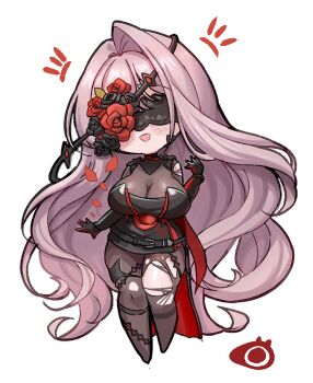 1girl black_flower black_rose bodysuit breasts brown_bodysuit chibi cleavage covered_eyes flower full_body goddess_of_victory:_nikke long_hair official_alternate_design open_mouth pink_hair red_flower red_rose rose rose_(nikke) simple_background smile solo white_background zakuroten