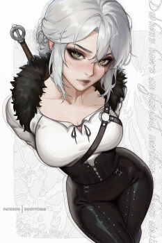 1girl black_corset bootybear breasts ciri corset facial_scar green_eyes hair_between_eyes highres leather leather_pants lips long_hair looking_at_viewer medium_breasts pants scar scar_on_cheek scar_on_face solo sword sword_on_back the_witcher_(series) the_witcher_3 weapon weapon_on_back white_hair