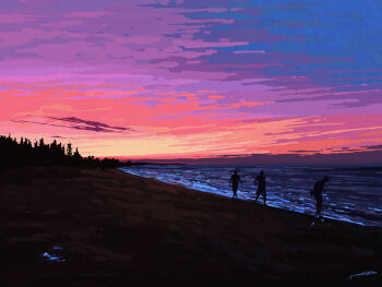 Rule 34 | 3others, ambiguous gender, beach, chinese commentary, colorful, commentary request, fangpeii, highres, horizon, landscape, multicolored sky, multiple others, ocean, original, outdoors, scenery, signature, silhouette, sky, twilight, wide shot