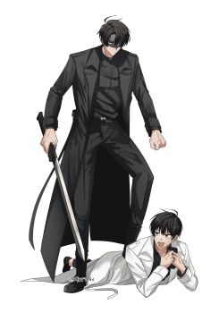2boys :d absurdres black_coat black_shirt boy_on_top coat empty_eyes full_body glaring highres holding holding_phone holding_sword holding_weapon kim_dokja looking_at_another lying multiple_boys omniscient_reader&#039;s_viewpoint on_stomach open_clothes open_coat open_mouth partially_shaded_face phone popped_collar qxt7_ft shirt smile standing stepped_on sword weapon white_coat yoo_joonghyuk