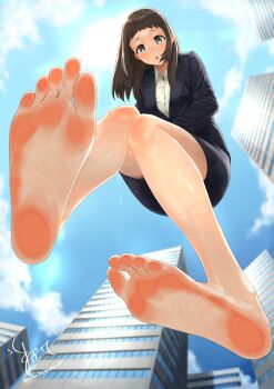 1girl :o absurdres bare_legs barefoot black_jacket black_skirt blue_sky breasts brown_eyes brown_hair building cloud cloudy_sky collared_shirt feet foot_focus from_below highres invisible_floor jacket leaning_forward legs long_hair looking_at_viewer maburoku medium_breasts no_shoes office_lady original raised_eyebrows shirt signature skirt sky soles solo toes twitter_username white_shirt