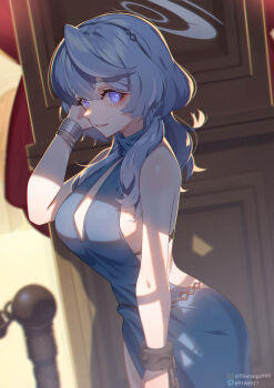 1girl absurdres ako_(blue_archive) ako_(dress)_(blue_archive) bare_shoulders blue_archive blue_dress blue_eyes blue_hair blue_halo blurry blurry_background blush bracelet breasts cleavage dress halo highres horange jewelry large_breasts looking_at_viewer official_alternate_costume parted_lips pixiv_id sideless_dress sideless_outfit single_handcuff sleeveless sleeveless_dress smile solo twitter_username