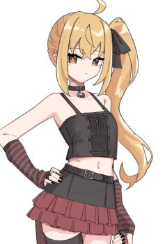 1girl ahoge bare_shoulders black_camisole black_choker black_nails blonde_hair camisole choker commentary cowboy_shot hand_on_own_hip looking_at_viewer luciana_de_montefio lyrinne midriff navel red_skirt side_ponytail simple_background skirt solo symbol-only_commentary white_background zenless_zone_zero