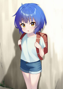 1girl :o ahoge backpack bag blue_hair blue_shorts child commentary english_commentary flat_chest gochuumon_wa_usagi_desu_ka? highres holding_strap jouga_maya looking_at_viewer mixed-language_commentary open_mouth paid_reward_available randoseru red_bag shirt short_hair short_sleeves shorts solo t-shirt triangle_mouth white_shirt win_opz yellow_eyes