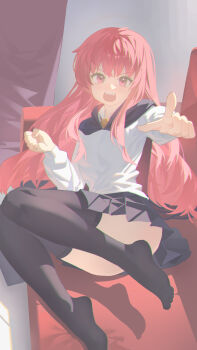 1girl absurdres angry black_cape black_thighhighs cape chromatic_aberration commentary_request convenient_leg couch eyelashes fang highres jiyue_(murasame524) long_hair long_shirt louise_francoise_le_blanc_de_la_valliere on_couch open_mouth pink_eyes pleated_skirt pointing pointing_at_viewer shirt skirt thighhighs very_long_hair white_shirt zero_no_tsukaima