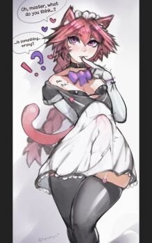 animal_ears astolfo_(fate) blush braid braided_ponytail bulge cat_ears cat_tail choker crossdressing erection erection_under_clothes fate_(series) garter_straps hair_ornament hair_ribbon heartbeat highres jewelry licking long_hair looking_at_viewer necklace nelewdy penis pink_eyes pink_hair ponytail ribbon simple_background skirt solo tail thighhighs tongue tongue_out trap type-moon