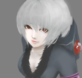 0ota 1girl absurdres armband breasts cleavage coat command_&amp;_conquer command_&amp;_conquer:_red_alert command_&amp;_conquer:_red_alert_2 eyelashes from_above fur-trimmed_coat fur_trim grey_background grey_coat grey_hood highres hood hood_down libra_(mental_omega) looking_at_viewer looking_up medium_breasts mental_omega_(mod) pale_skin pink_lips realistic red_eyes short_hair solo white_hair wispy_bangs