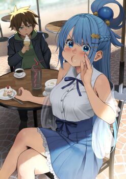 1boy 1girl absurdres alternate_costume aqua_(konosuba) black_jacket blue_eyes blue_hair blue_nails blue_ribbon blue_skirt blush braid breasts brown_hair cafe cake cake_slice chair cheek_bulge closed_eyes closed_mouth coffee commission contemporary crazy_straw crossed_legs cup dated day dress drinking_straw eating fingernails food food_on_face fork frilled_skirt frills green_eyes green_hoodie grey_hair hair_between_eyes hair_ornament hair_rings hairclip hand_up hat heart_straw high-waist_skirt highres holding holding_food holding_ice_cream holding_ice_cream_cone hood hoodie ice_cream ice_cream_cone izawa_(bhive003) jacket jacket_over_hoodie kono_subarashii_sekai_ni_shukufuku_wo! large_breasts long_hair looking_at_viewer nail_polish neck_ribbon official_alternate_costume on_chair open_mouth outdoors plate ribbon satou_kazuma shared_drink shirt single_hair_ring sitting skirt sleeveless sleeveless_shirt stone_floor strawberry_shortcake sweatdrop table teacup tongue tongue_out very_long_hair water white_shirt