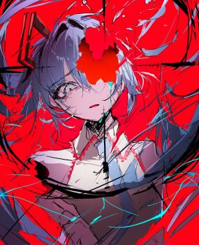 1girl aqua_eyes aqua_hair aqua_necktie collared_shirt cracked_skin crumbling floating_hair frown furrowed_brow hair_between_eyes hair_intakes hair_ornament hatsune_miku highres hole_in_head long_hair marshmallow_(vocaloid) necktie parted_lips red_background shirt simple_background solo twintails ummwa very_long_hair vocaloid white_shirt
