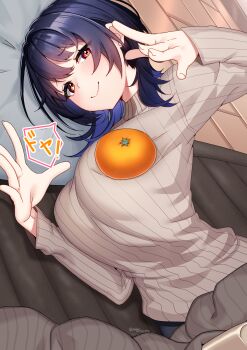 Rule 34 | 1girl, absurdres, blue hair, blush, breasts, brown sweater, commentary request, fingernails, flipped hair, food, fruit, highres, indoors, large breasts, long sleeves, looking at viewer, lying, mandarin orange, medium hair, nebusoku, on floor, on side, oppai mochi, original, ribbed sweater, smile, solo, sweater