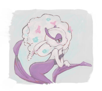 1girl alternate_color arched_back bad_id bad_pixiv_id big_hair blue_eyes blue_flower blush border butter_(oshi8kyoumoh) closed_mouth colored_skin dot_mouth female_focus florges florges_(white_flower) flower from_side gen_6_pokemon grey_background hair_flower hair_ornament half-closed_eyes hand_on_own_chest hand_up leaning_forward light_blush monster_girl nintendo pink_flower plant_girl pokemon pokemon_(creature) shiny_pokemon simple_background solo white_border white_hair white_skin