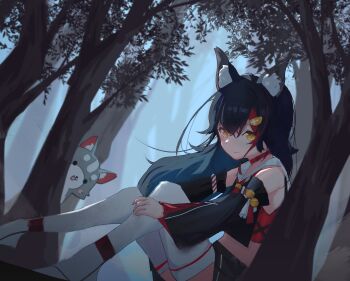 1girl absurdres animal_ear_fluff animal_ears black_hair black_shirt black_skirt black_sleeves blush brianlee709 choker cropped_shirt crossed_bangs detached_sleeves from_side hair_between_eyes hair_ornament hairclip hashtag-only_commentary highres hololive long_hair looking_at_viewer midriff miofa_(ookami_mio) multicolored_hair neckerchief ookami_mio ookami_mio_(1st_costume) orange_eyes outdoors pleated_skirt red_choker red_hair red_neckerchief sailor_collar shirt sidelocks sitting skirt sleeveless sleeveless_shirt smile solo streaked_hair thighhighs tree under_tree virtual_youtuber white_sailor_collar white_thighhighs wolf_ears