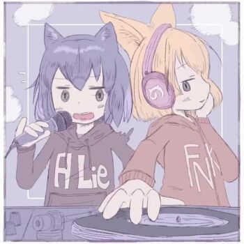 2girls animated bad_tag blinking cat_girl closed_eyes dj faded hood hoodie japanese_(nationality) moe monochrome mp3 multiple_girls music pastel_colors phonograph source_request tagme turntable video