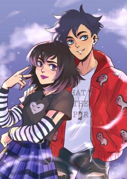 1boy 1girl andythelemon black_hair black_pants black_shirt blue_eyes cross cross_necklace danny_phantom danny_phantom_(character) detached_sleeves dog_tags earrings jewelry necklace pants plaid_clothes plaid_skirt purple_eyes purple_skirt sam_manson shirt short_hair short_sleeves skirt striped_sleeves torn_clothes torn_pants white_shirt