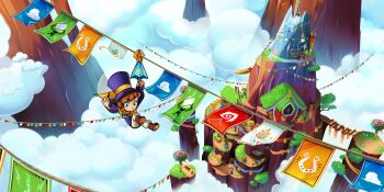 a_hat_in_time blue_eyes boots bridge brown_hair cape cloud cloudy_sky day flag floating_island grass grassy hat hat_kid hay haystack highres hook house jenna_brown mountain official_art ponytail rooftop rope sky symbol top_hat tree umbrella well wheelbarrow window
