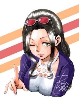 1girl 2019 alternate_eye_color black_hair cardigan commentary cropped_torso dress eyewear_on_head green_eyes hair_slicked_back halterneck highres looking_at_viewer making-of_available nico_robin official_alternate_costume one_eye_closed one_piece one_piece:_stampede op_rentalaw parted_lips pink_nails purple_cardigan red-tinted_eyewear sidelocks signature smile solo sunglasses_on_head tinted_eyewear traditional_media upper_body white-framed_eyewear