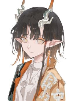 Rule 34 | 1girl, arknights, black hair, commentary request, dragon girl, dragon horns, earrings, highres, horns, jacket, jewelry, jie (arknights), noise9388967357, open clothes, open jacket, orange jacket, pointy ears, shirt, short hair, simple background, sketch, smile, solo, tassel, tassel earrings, upper body, white background, white eyes, white shirt