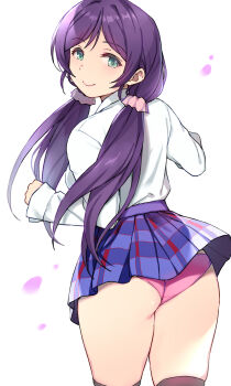 Rule 34 | 1girl, aqua eyes, ass, blue skirt, duke (inu daimyou), from behind, grey thighhighs, hair ornament, hair scrunchie, highres, light blush, long hair, looking at viewer, looking back, love live!, love live! school idol project, low twintails, otonokizaka school uniform, panties, pink panties, purple hair, school uniform, scrunchie, shirt, skirt, smile, solo, thighhighs, tojo nozomi, twintails, underwear, upskirt, wedgie, white background, white shirt
