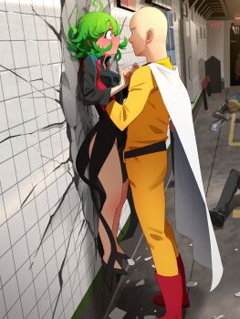 1girl 1other 2boys absurdres against_wall ahoge bald black_dress black_shoes blush boots breasts broken_wall cape commentary dress english_commentary full-face_blush genos gloves green_eyes green_hair highres khyle. long_sleeves looking_at_another multiple_boys one-punch_man pants pussy_juice red_boots red_gloves saitama_(one-punch_man) shirt shoes small_breasts standing tatsumaki thighs white_cape yellow_pants yellow_shirt