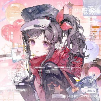 1girl absurdres bag balloon belt black_belt black_hair black_hat black_jacket blue_bag bone bone_hat_ornament bow newsboy_cap candy chinese_commentary chupa_chups commentary_request commission dot_nose eyelashes fang food fringe_trim hair_ornament hairclip hat hat_belt hat_ornament heart_balloon highres holding holding_candy holding_food holding_lollipop jacket jinyejing light_blush lollipop long_hair long_sleeves nail_polish open_clothes open_jacket open_mouth original plaid_hat procreate_(medium) purple_eyes red_background red_bow red_nails red_scarf red_shirt sample_watermark scarf shirt shopping_bag side_ponytail sidelocks skin_fang sleeves_past_wrists smile solo star_(symbol) too_many_watermarks upper_body watermark watermark_grid wavy_hair xiaohongshu_logo y2k_fashion