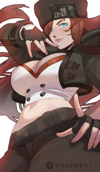 1girl black_gloves blue_eyes breasts brown_hair cropped_jacket fingerless_gloves fur_hat gloves guilty_gear guilty_gear_strive hat highres holy_meh jacket large_breasts lips long_hair looking_at_viewer midriff millia_rage open_clothes open_jacket patreon_username simple_background solo white_background