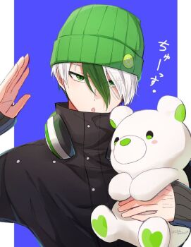 1boy arm_up black_sweater blue_background blue_lock cap green_cap green_eyes green_hair headphones long_hair multicolored_hair open_mouth otoya_eita simplecar stuffed_animal stuffed_toy sweater teddy_bear two-tone_hair white_background white_hair