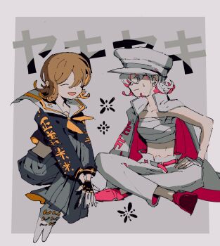 2girls alternate_costume alternate_footwear aozukikawasemi belt black_gloves black_shirt boots brown_hair chest_sarashi collarbone colored_eyelashes commentary fingerless_gloves gloves grey_eyes grey_skirt hat highres indian_style jacket kettobashita_moufu_(zutomayo) long_skirt long_sleeves looking_at_another midriff multiple_girls neckerchief nira-chan nira-chan_(kettobashita_moufu)_(zutomayo) nira-chan_(seigi)_(zutomayo) open_clothes open_jacket open_mouth orange_eyes orange_neckerchief orange_trim pants pink_belt pink_hair pink_shoes sailor_collar sarashi school_uniform seigi_(zutomayo) serafuku shirt shoes short_hair sitting skirt smile sweatdrop white_boots white_eyelashes white_hair white_hat white_jacket white_pants white_sailor_collar zutto_mayonaka_de_ii_no_ni