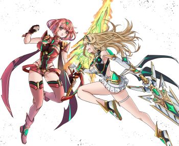 2girls aegis_sword_(xenoblade) blonde_hair breasts large_breasts multiple_girls mythra_(xenoblade) pyra_(xenoblade) red_eyes red_hair sofusan1526 xenoblade_chronicles_(series) xenoblade_chronicles_2 yellow_eyes