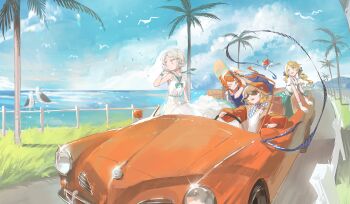 4girls :d ;) absurdres alternate_costume apple apple_(reverse:1999) bird blonde_hair blue_dress blue_necktie blue_skirt blue_sky brown_hair car chacha_(chachachaqqq) cloud convertible day dress driving fence food fruit gloves grass green_eyes grey_eyes grey_hair hair_bun hand_on_headwear hand_up hat highres jacket low_twintails motor_vehicle multiple_girls neckerchief necktie ocean one_eye_closed open_mouth orange_hair outdoors palm_tree red_hat red_jacket regulus_(reverse:1999) reverse:1999 road scenery seagull shirt short_hair short_sleeves single_side_bun skirt sky sleeveless sleeveless_dress smile sonetto_(reverse:1999) steering_wheel striped_neckerchief sun_hat sunglasses tree twintails vertin_(reverse:1999) white_dress white_gloves white_shirt wide_shot wooden_fence