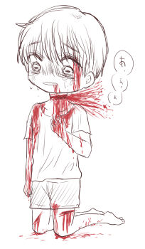 1boy aged_down blood blood_on_clothes blood_on_face blood_on_hands blood_on_leg blood_on_neck blood_splatter crying decapitation dying guro ikedanemuru imminent_death japanese_text kneeling knees male male_focus male_gore original ryona shirt shorts shota slit_throat solo solo_focus t-shirt tearing_up tears