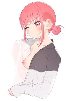 1girl ao_no_hako black_jacket blush breasts chouno_hina closed_mouth collarbone hair_bun highres jacket long_sleeves multicolored_jacket nipples one_eye_closed pink_eyes pink_hair rasusurasu simple_background sleeves_past_wrists solo two-tone_jacket white_background white_jacket