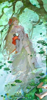 1girl absurdres arm_bow babydoll bare_legs barefoot black_bow bow branch burnt_clothes chinese_commentary collar commentary coquelic_(path_to_nowhere) cross-laced_clothes cross-laced_dress detached_sleeves expressionless fascinator flower frilled_collar frills full_body gem hair_flower hair_ornament half-closed_eyes highres jewelry lily_pad long_hair moyu_(m_muo) navel_piercing necklace nightgown panties path_to_nowhere piercing pond poppy_(flower) red_eyes red_flower red_gemstone red_lips red_shawl reflection reflection_focus shawl solo thigh_strap tree underwear very_long_hair white_babydoll white_hair white_panties