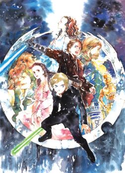 2girls 4boys alien anakin_skywalker animification astromech_droid bad_id bad_pixiv_id beard blonde_hair blue_eyes blue_lightsaber braid brown_eyes brown_hair c-3po carrie_fisher chewbacca dress energy_sword everyone facial_hair han_solo harrison_ford lightsaber long_hair luke_skywalker mark_hamill multiple_boys multiple_girls obi-wan_kenobi padme_amidala princess_leia r2-d2 robot short_hair star_wars sugimoto_san sugimotosan sword time_paradox weapon wookiee