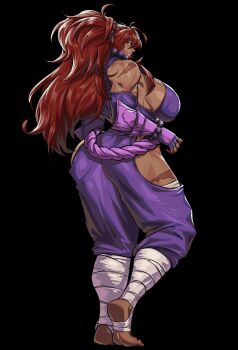 1girl absurdres armlet bangle bare_shoulders bead_bracelet beads bodysuit bracelet breasts highres jewelry large_breasts leg_wrap long_hair looking_at_viewer muscular muscular_female original ponytail purple_bodysuit red_hair scar scar_on_arm scar_on_leg smile solo static_background thick_thighs thighs very_long_hair virgoart