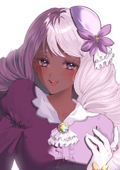 1girl absurdres blush bow dark-skinned_female dark_skin dress gloves hair_bow highres jacinthe_(pokemon) lilinee long_hair looking_at_viewer nintendo open_mouth pokemon pokemon_legends:_z-a purple_bow purple_dress purple_eyes purple_hair smile solo very_long_hair white_background white_gloves