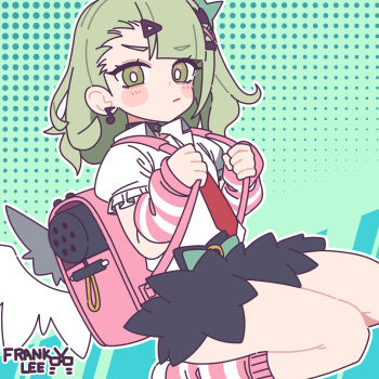 1girl arm_warmers artist_name black_skirt blush breasts bright_pupils chinatsu_remiel closed_mouth collar commentary dotted_background earrings english_commentary frank_lee_(dfgh132) from_side fur-trimmed_skirt fur_trim green_background green_eyes green_hair hair_ornament highres jewelry leg_warmers looking_at_viewer multiple_hair_clips musical_note_earrings necktie pink_arm_warmers pink_bag pink_leg_warmers red_necktie shirt skirt small_breasts solo striped_arm_warmers striped_leg_warmers triangle_hair_ornament white_pupils white_shirt white_wings winged_bag wings zenless_zone_zero