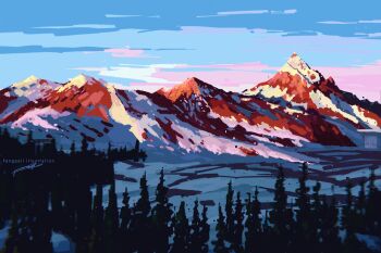 artist_name blue_sky commentary english_commentary evening fangpeii forest highres landscape mountain nature no_humans original outdoors procreate_(medium) scenery signature sky snow tree winter