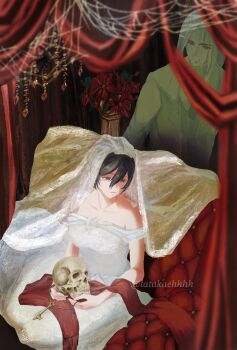 1boy 1girl bare_shoulders black_hair breasts bridal_veil bride couple curtains dress eren_yeager facial_scar flower ghost grey_eyes hair_between_eyes hetero highres holding holding_skull jacket long_dress looking_at_another medium_breasts medium_hair mikasa_ackerman necktie off-shoulder_dress off_shoulder parted_bangs red_flower red_scarf scar scar_on_cheek scar_on_face scarf shingeki_no_kyojin short_hair silk sitting skull spider_web spirit suit_jacket tatakaehhhh twintails vase veil vest waistcoat wedding_dress